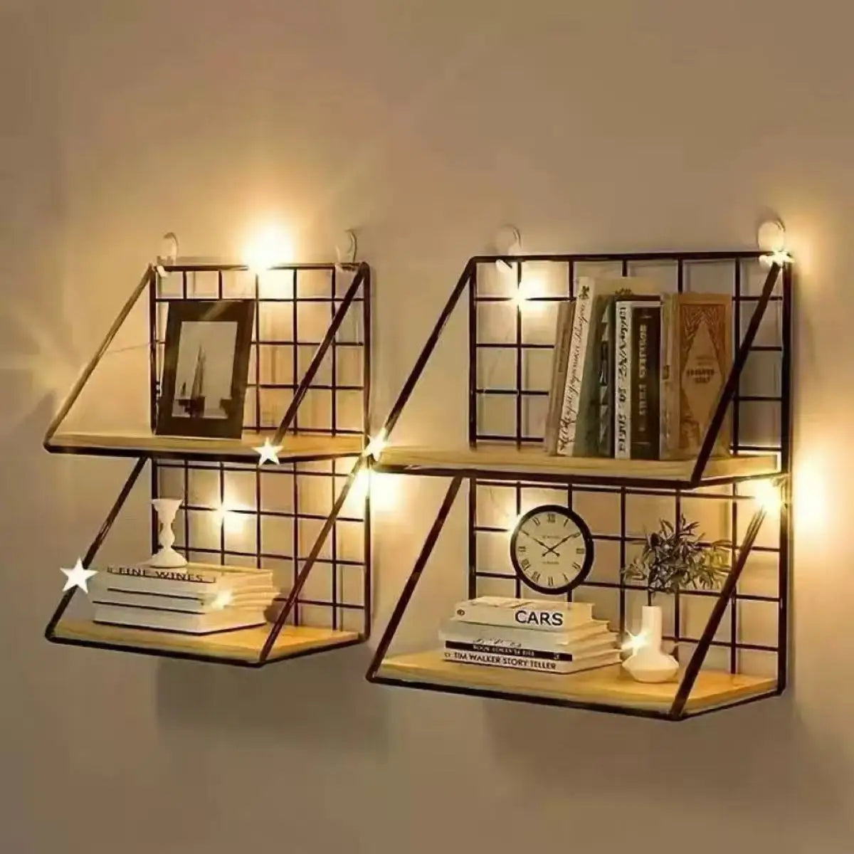 Floating Wall Shelves – Wood Storage with Metal Wire Basket