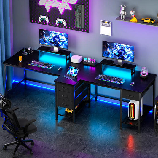 93-Inch L-Shaped Office Desk – With Power Outlets and LED Lights