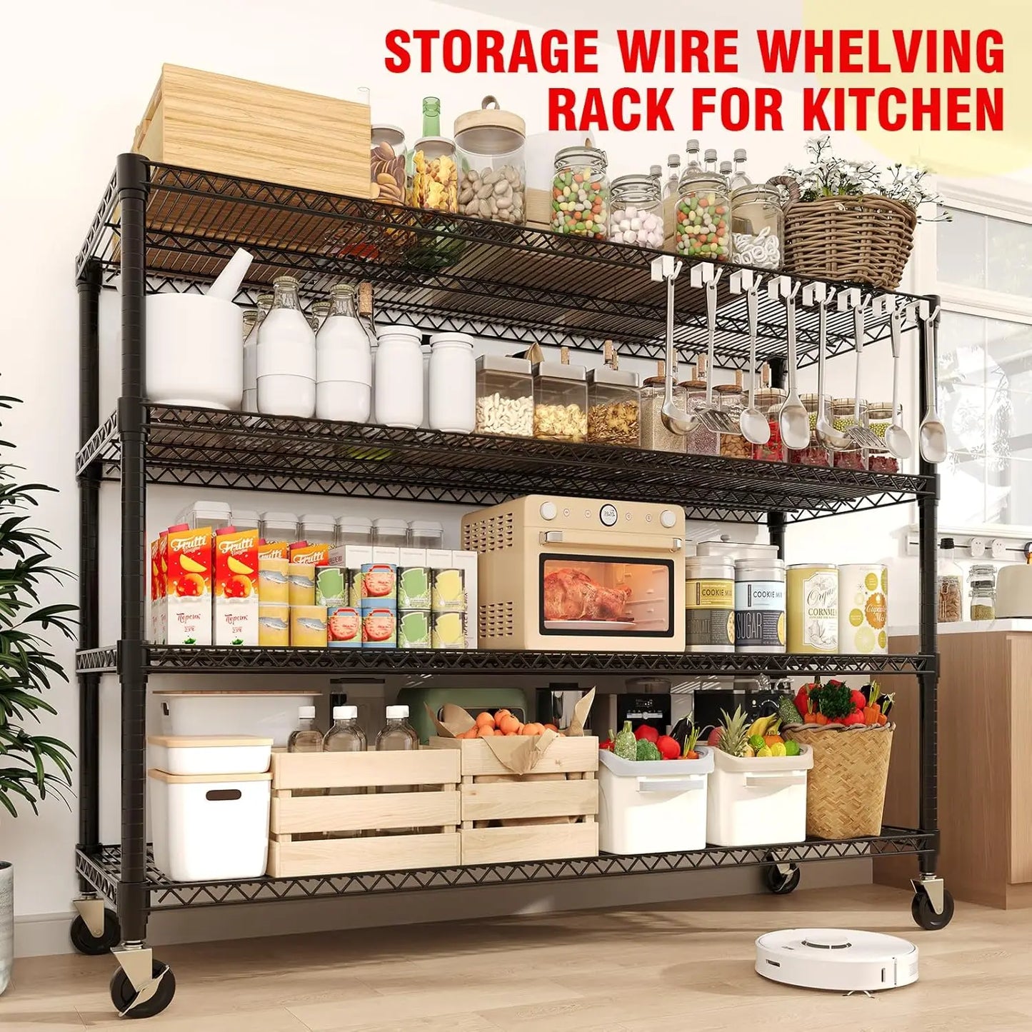 4-Tier Heavy Duty Rolling Wire Shelving Rack – Stainless Steel