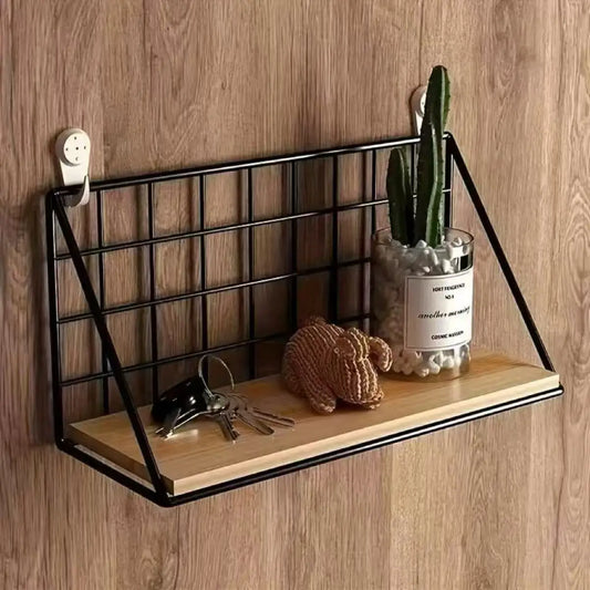 Floating Wall Shelves – Wood Storage with Metal Wire Basket