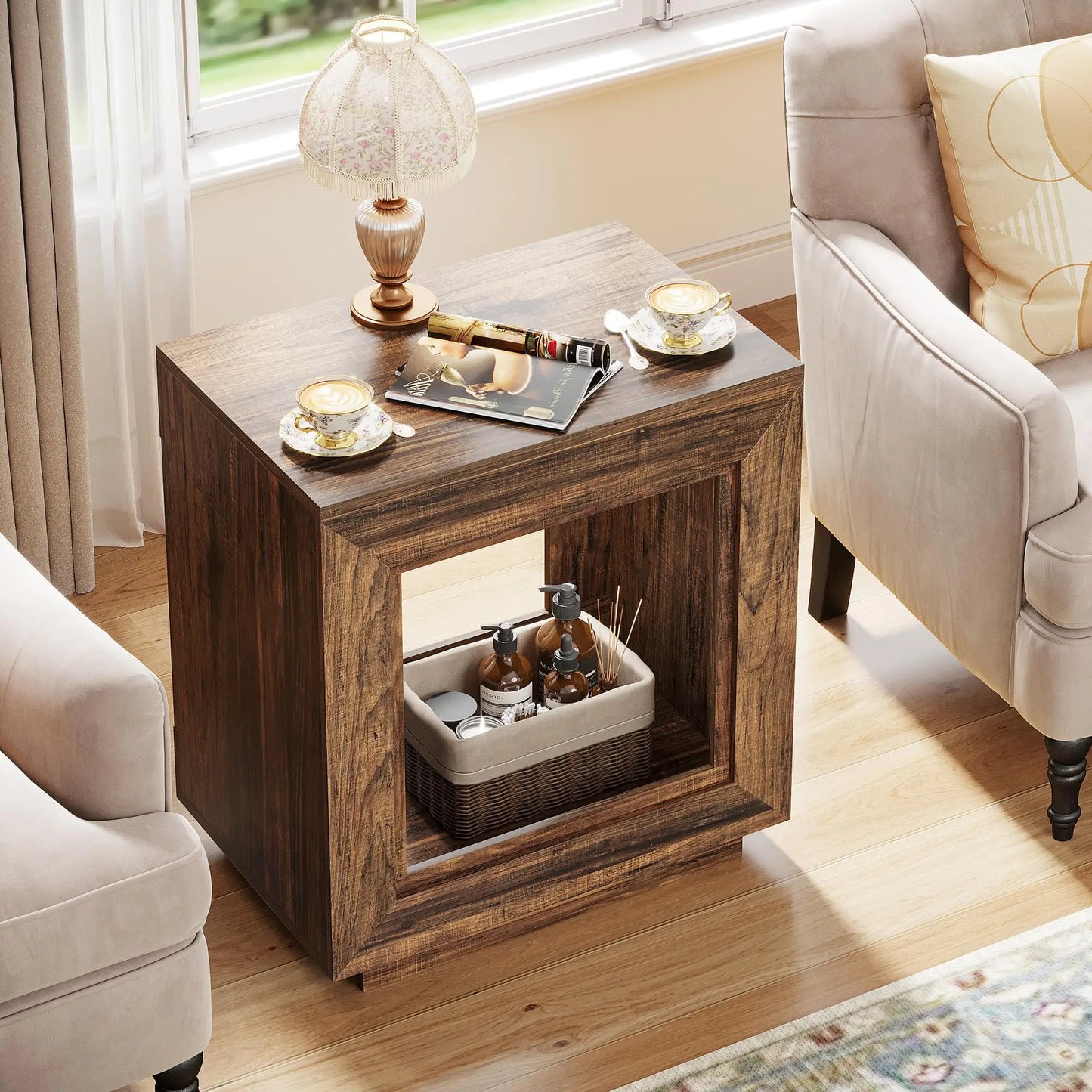 Rustic Wood End Table – 2-Tier Square Side Table, 24-Inch