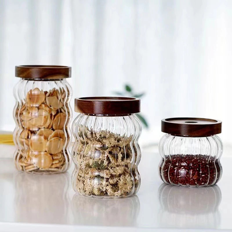 Fluted Glass Storage Jar with Acacia Wood Lid