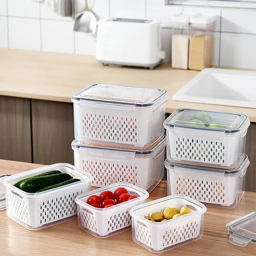 Refrigerator Storage Box – Fridge Organizer with Drain Basket, Plastic