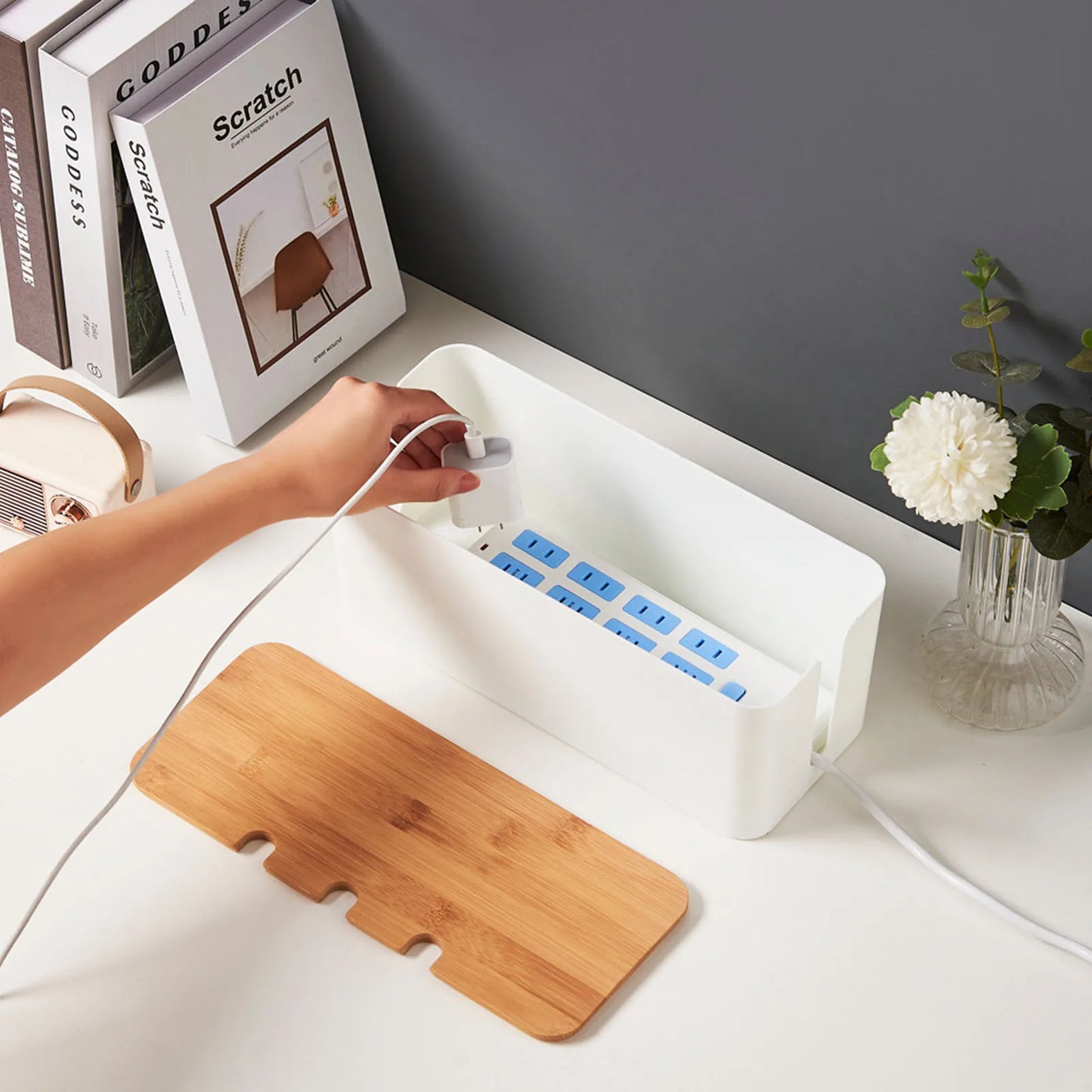 Cable Management Box – Wooden Style Cord Organizer for Desk