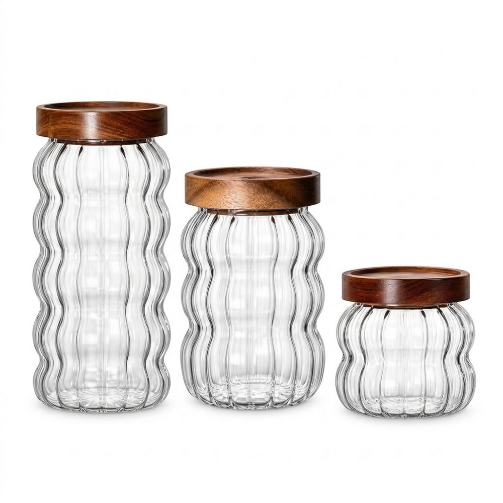 Fluted Glass Storage Jars with Acacia Wood Lid