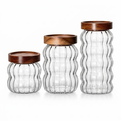 Fluted Glass Storage Jars with Acacia Wood Lid