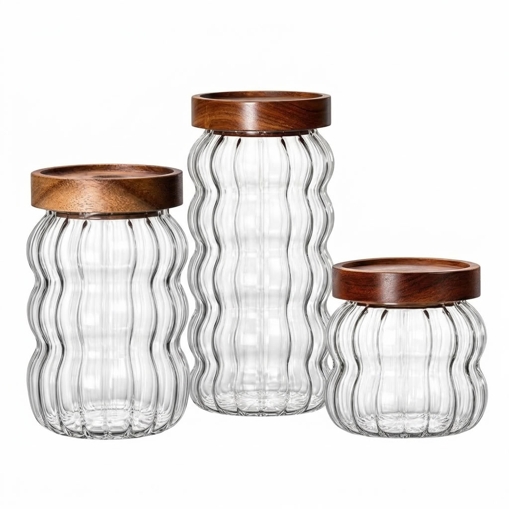 Fluted Glass Storage Jars with Acacia Wood Lid