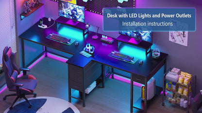 93-Inch L-Shaped Office Desk – With Power Outlets and LED Lights