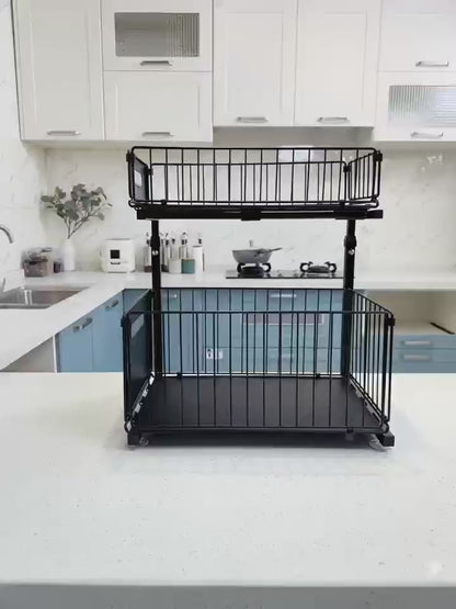 2-Tier Under Sink Organizer – Adjustable Sliding Metal Shelf